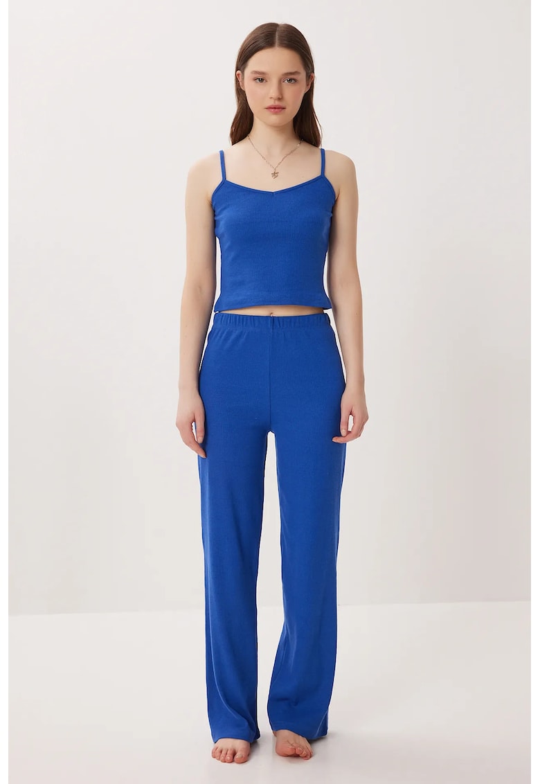 Set pijamale - Happiness Istanbul - tricotat cu decolteu in V - cu nervuri - bleumarin - bumbac-poliester -