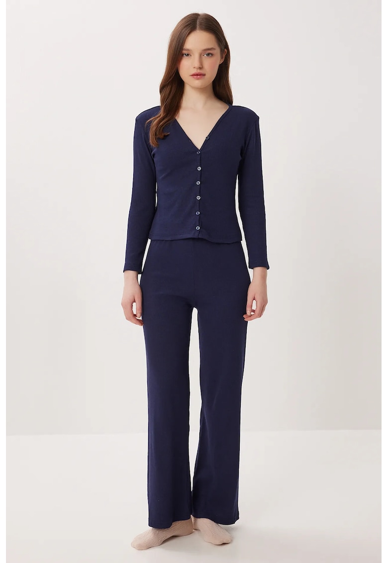 Pantaloni de lounge - Happiness Istanbul - picior larg - talie medie - albastru marin - bumbac