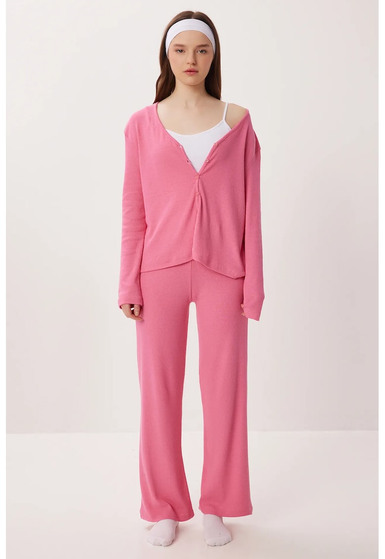 Set pijama - Happiness Istanbul - cardigan lung cu nasturi - decolteu in V - roz - bumbac