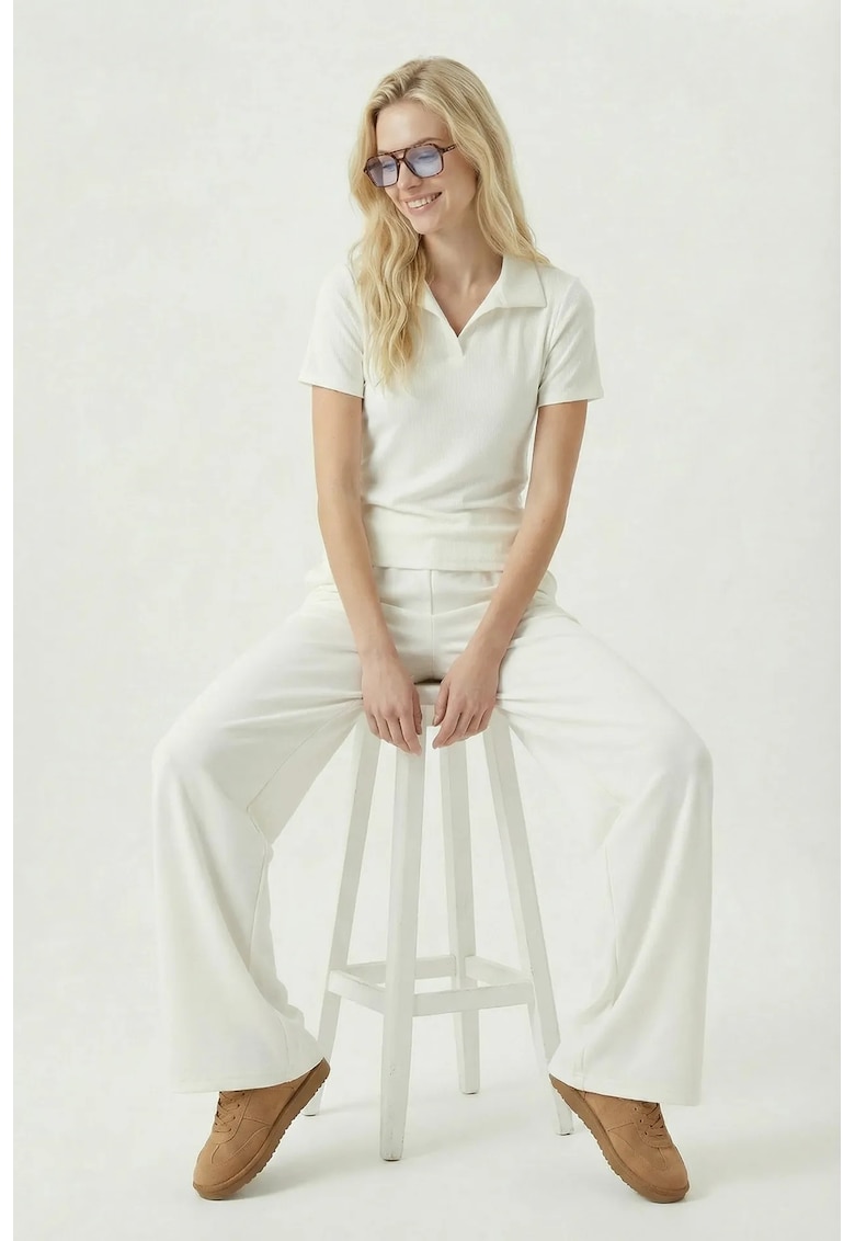 Costum Dama - Happiness Istanbul - Set Compleu Doua Piese - Guler Polo - Piatra Naturala - 50% Viscoza - 44% Poliester - 6% Elastan -