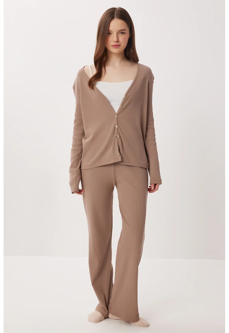 Set pijamale - Happiness Istanbul - cu cardigan lung - decolteu in V - bej natural - bumbac 95%