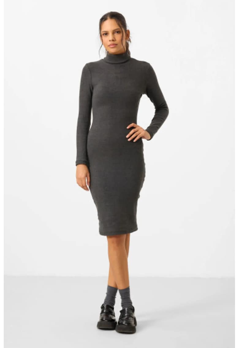 Rochie Midi Gri - cu guler inalt - maneci lungi - bumbac/elastan