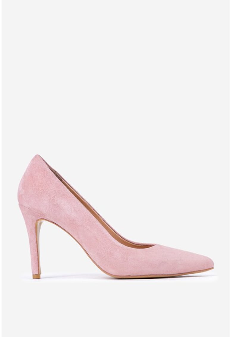 Pantofi dama NUR din piele intoarsa roz pudra cu toc subtire