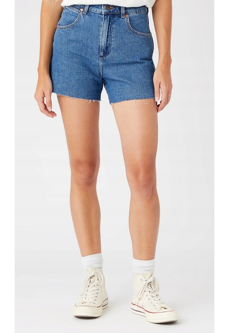 Pantaloni scurti dama - talie inalta - albastru - bumbac cu elastan