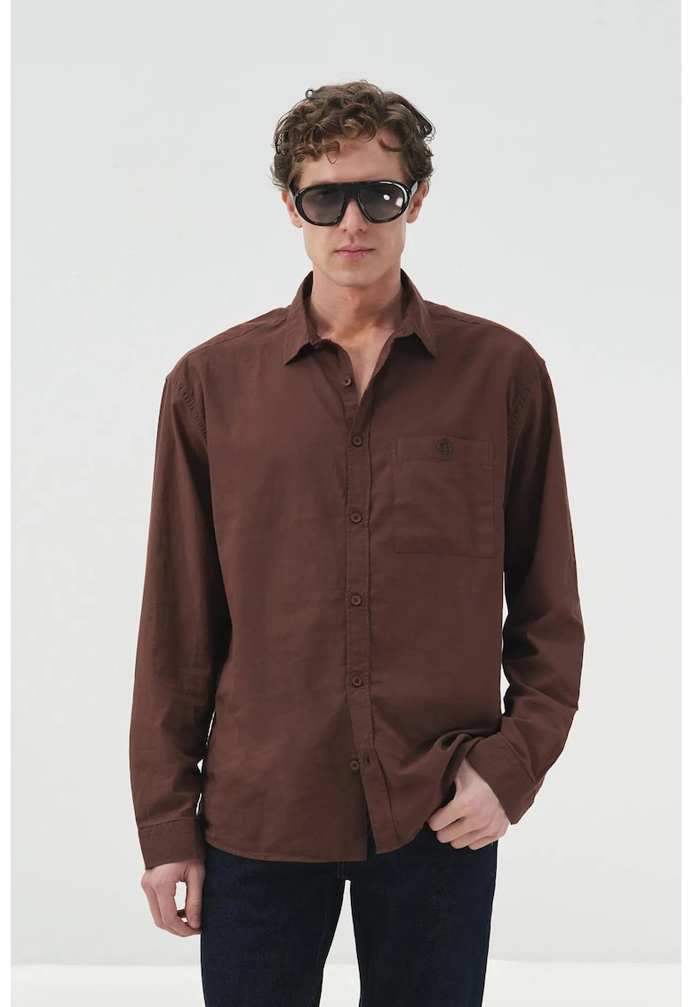 Camasa barbati - regular fit - cu maneca lunga - buzunar - maro - bumbac