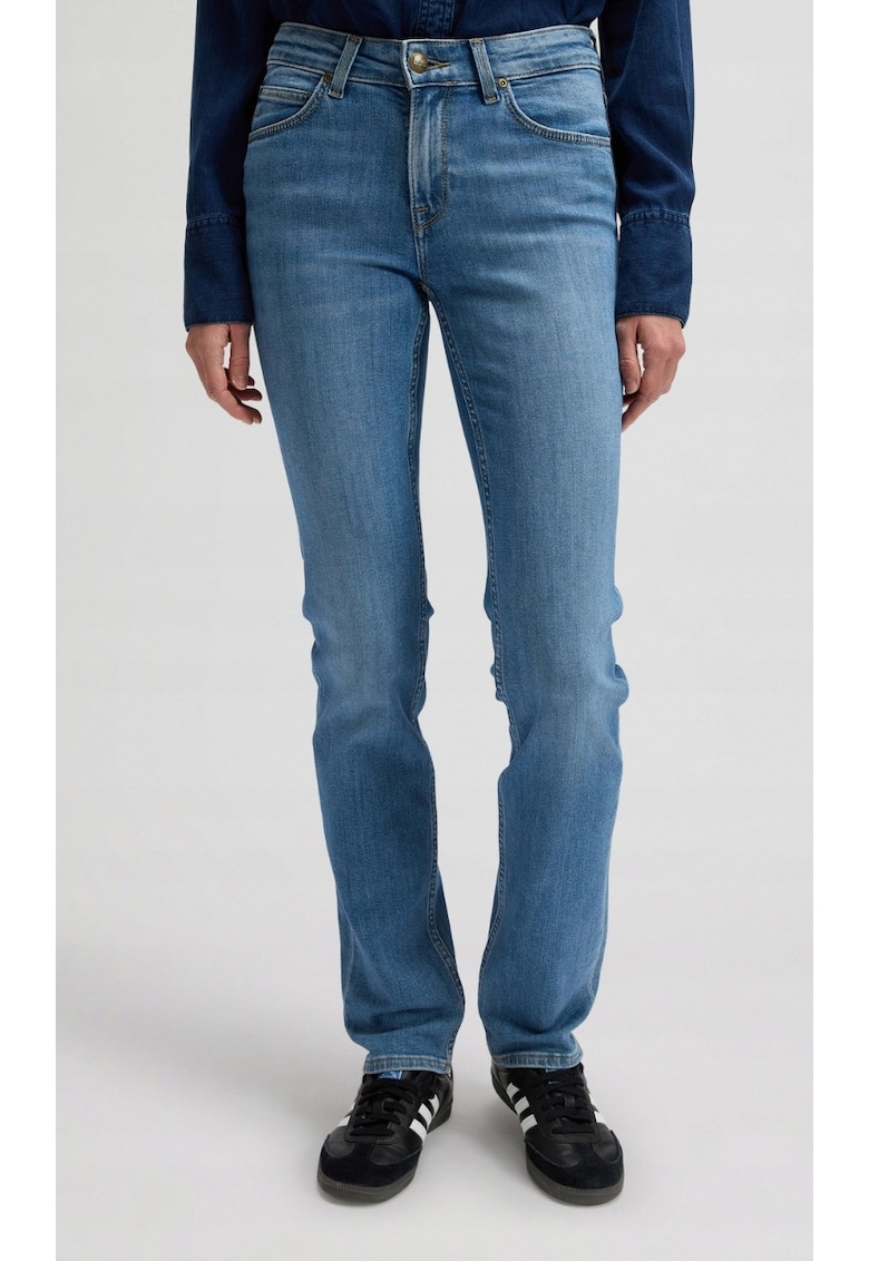 Blugi dama Marion Straight - albastru - denim elastic - talie medie - cu eticheta logo
