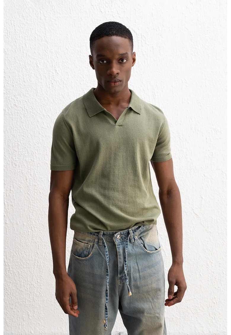 Tricou barbati - cu guler polo - nervuri - verde kaki - 100% bumbac