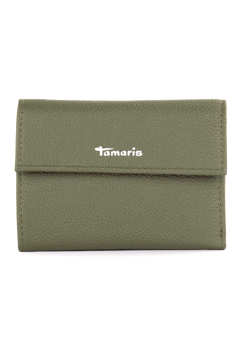 Portofel de piele cu clapa si aspect granulat - Verde masliniu