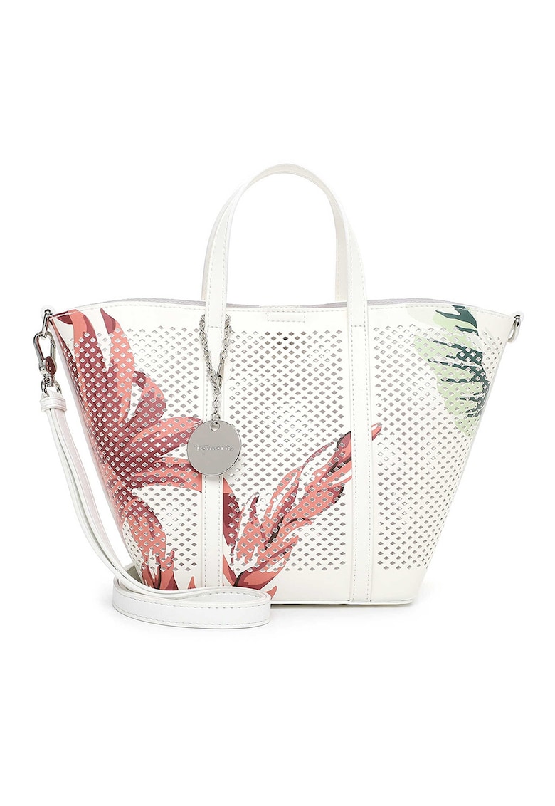 Set de geanta shopper din piele ecologica cu perforatie si etui - Alb/Rosu antichizat