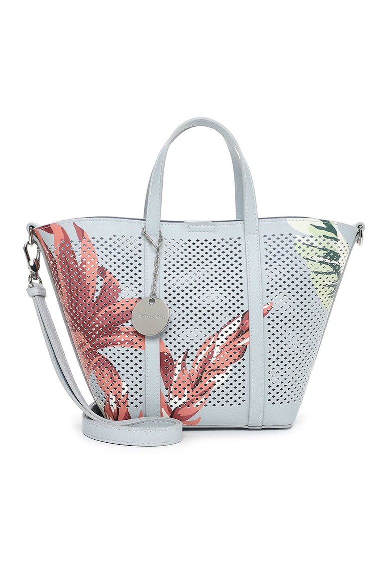 Set de geanta shopper din piele ecologica cu perforatie si etui - Albastru deschis/Rosu antichizat