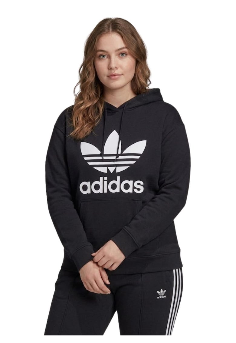 Hanorac cu logo si buzunar tip cangur plus size Trefoil -