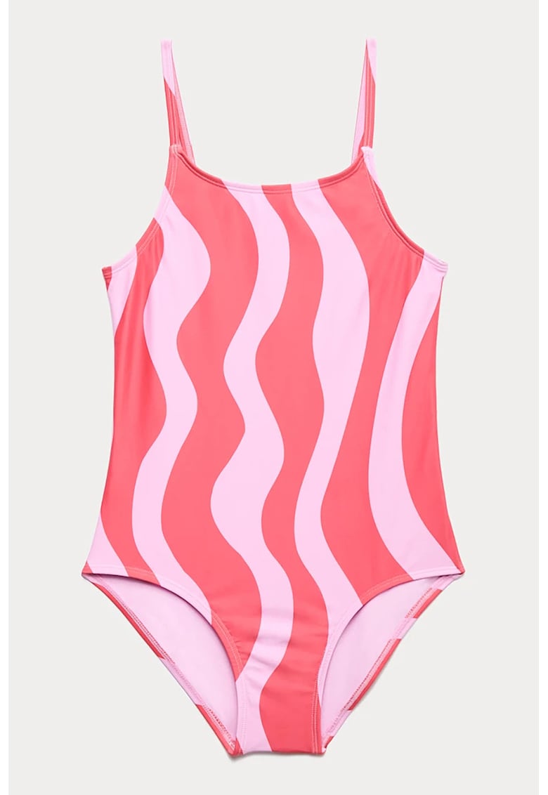 Costum de baie cu imprimeu si decolteu patrat - Roz pastel