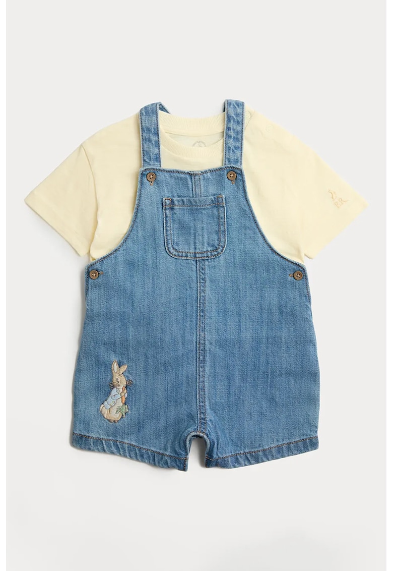 Set de sarafan din denim si tricou - Albastru inchis/Galben pal