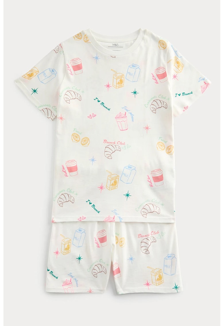 Pijama din bumbac cu pantaloni scurti - Alb murdar