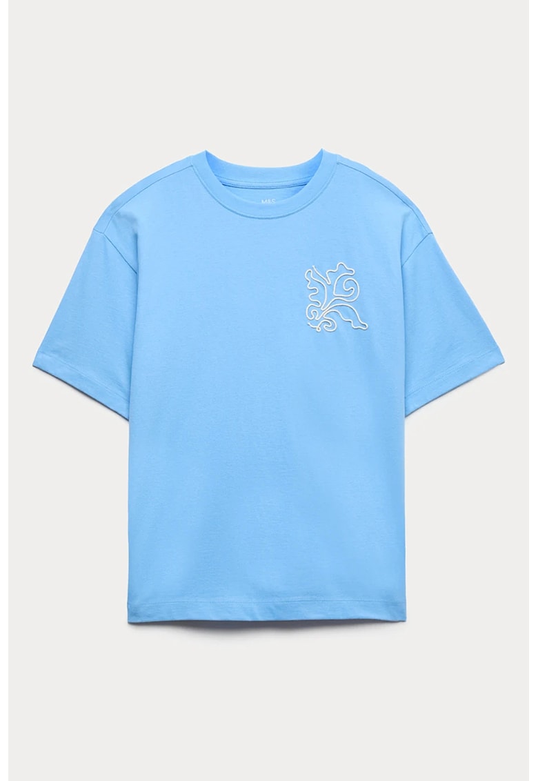 Tricou de bumbac cu broderie - Albastru pastel/Roz pastel