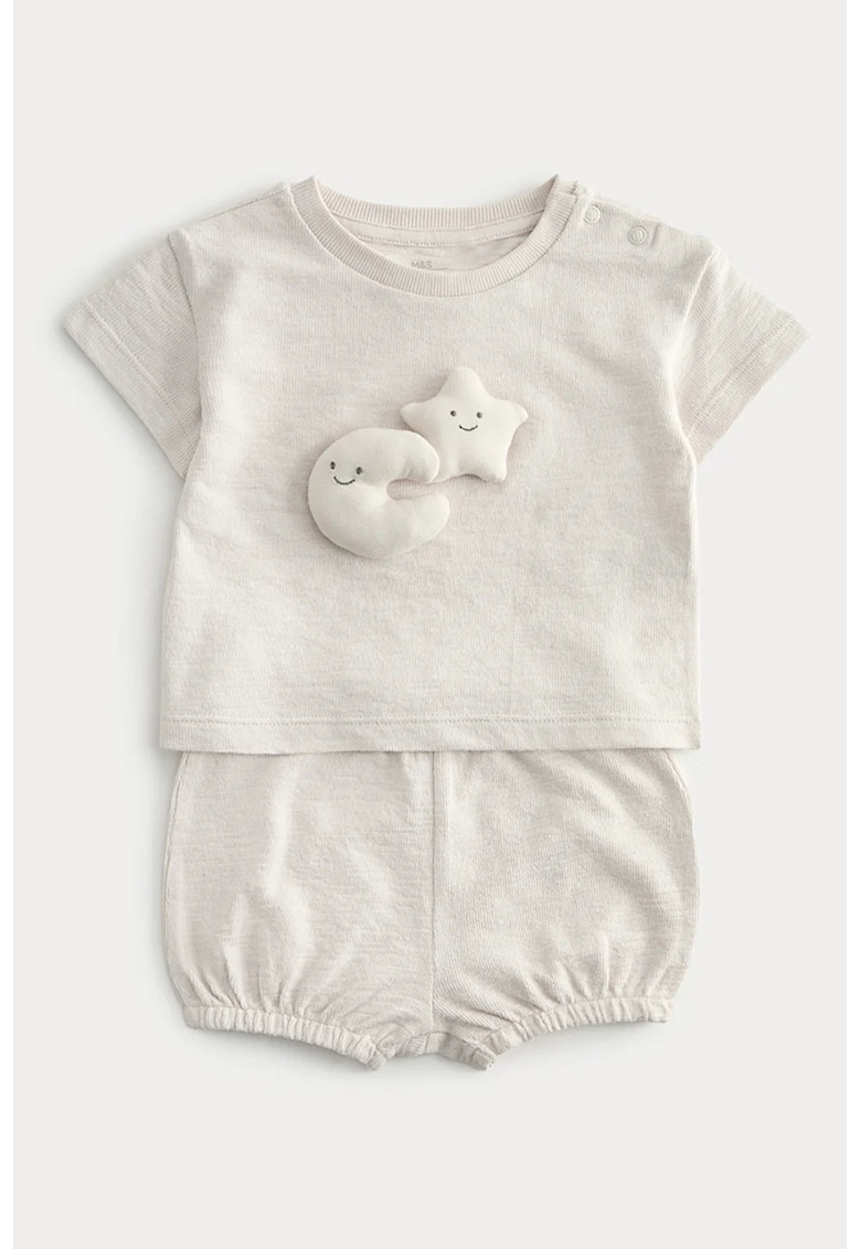 Set de tricou de bumbac si pantaloni scurti model grafic - Bej deschis