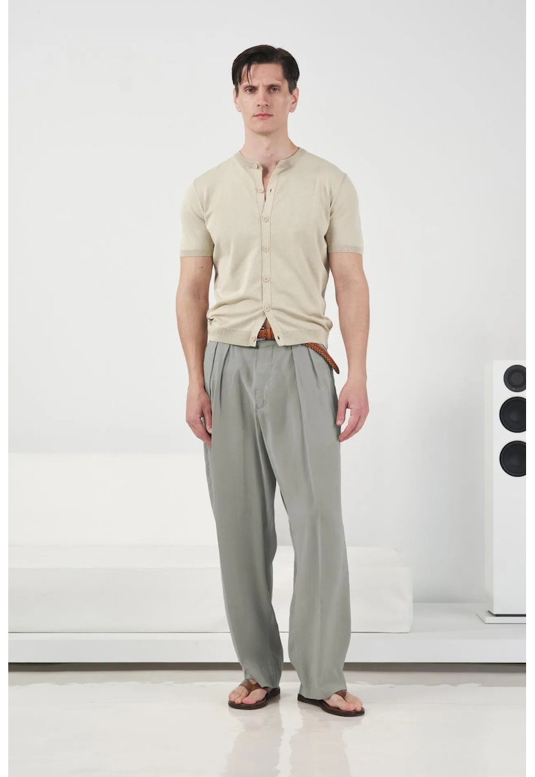 Pantaloni barbati - talie medie - pliuri - verde - amestec modal-poliester