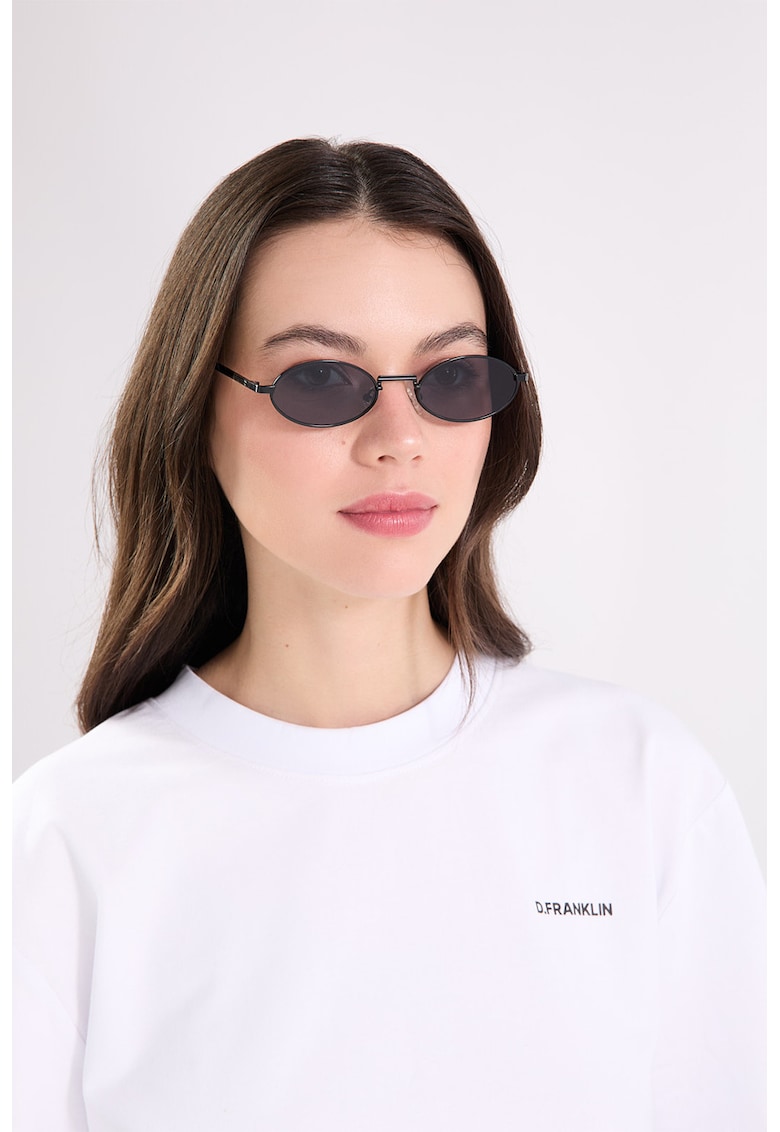Ochelari de soare ovali unisex cu rama metalica - Negru/Argintiu