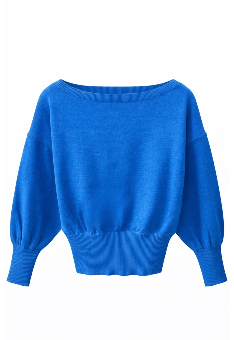 Pulover dama cu guler barca - croiala lejera - textura reiata - Maya Blue - 100% poliester -