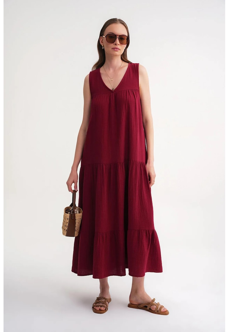 Rochie midi - decolteu in V - rosu - bumbac