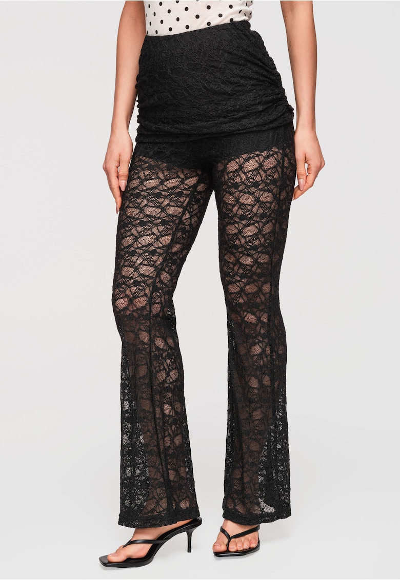 Pantaloni Lunga Dantela Transparenta cu Talie Inalta si Croiala Flare - Negru
