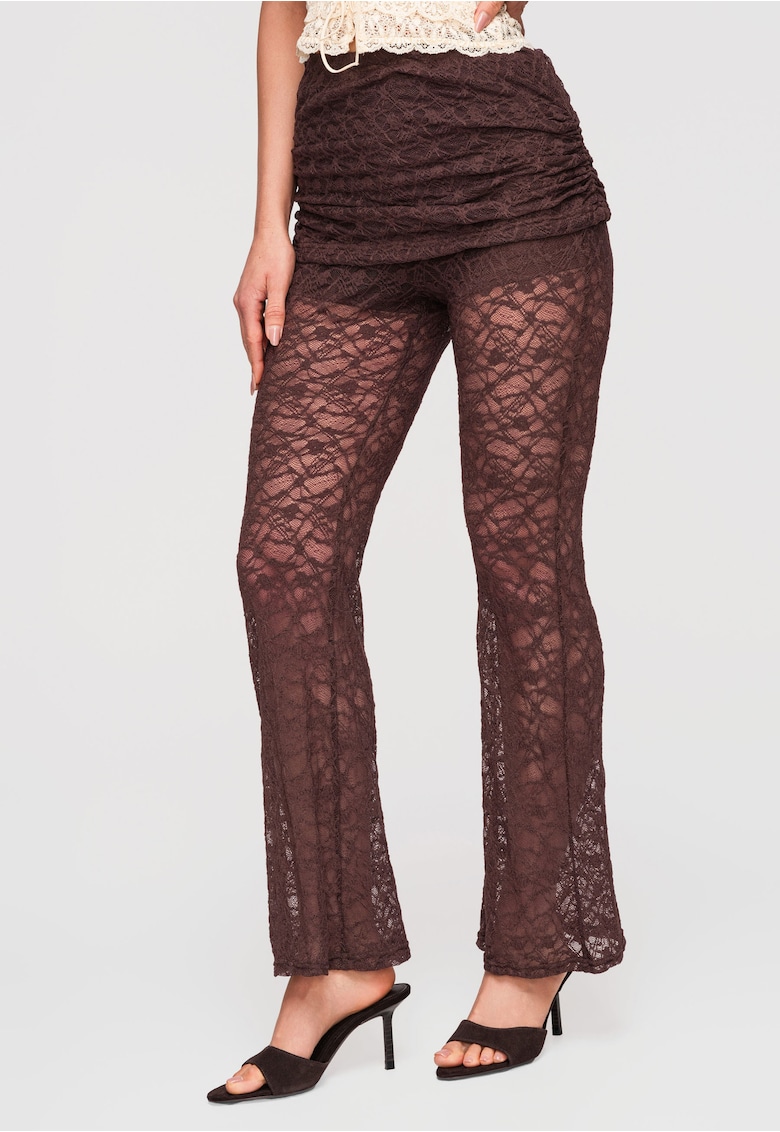 Pantaloni Lunga Dantela Transparenta cu Talie Inalta si Croiala Flare - Maro