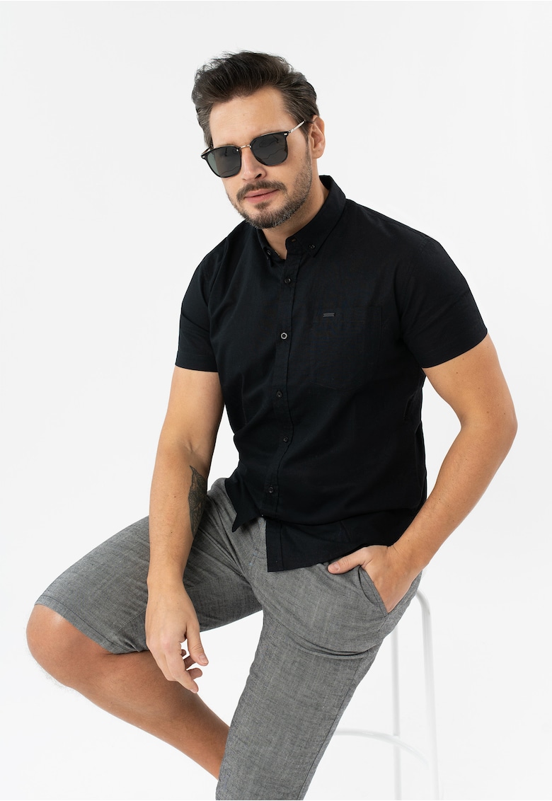 Camasa barbati din bumbac si in cu maneci scurte - buzunar pe piept - guler fixat cu nasturi - Regular Fit - C-Lin - negru - Negru