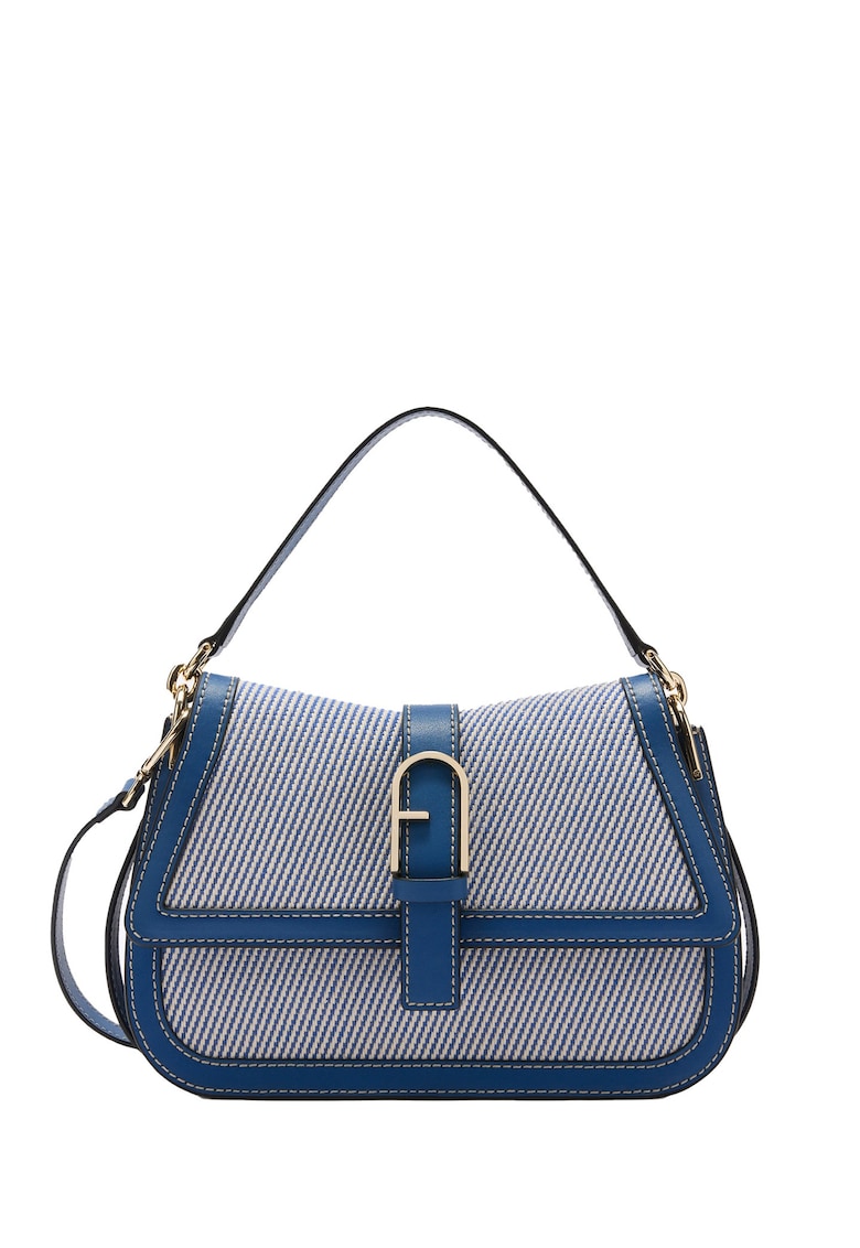 Geanta crossbody din piele si material textil cu clapa Novara Ultra - Albastru denim