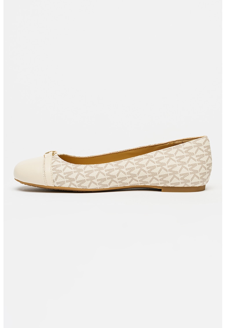 Balerini din piele cu model logo Mandy - Alb fildes/Maro