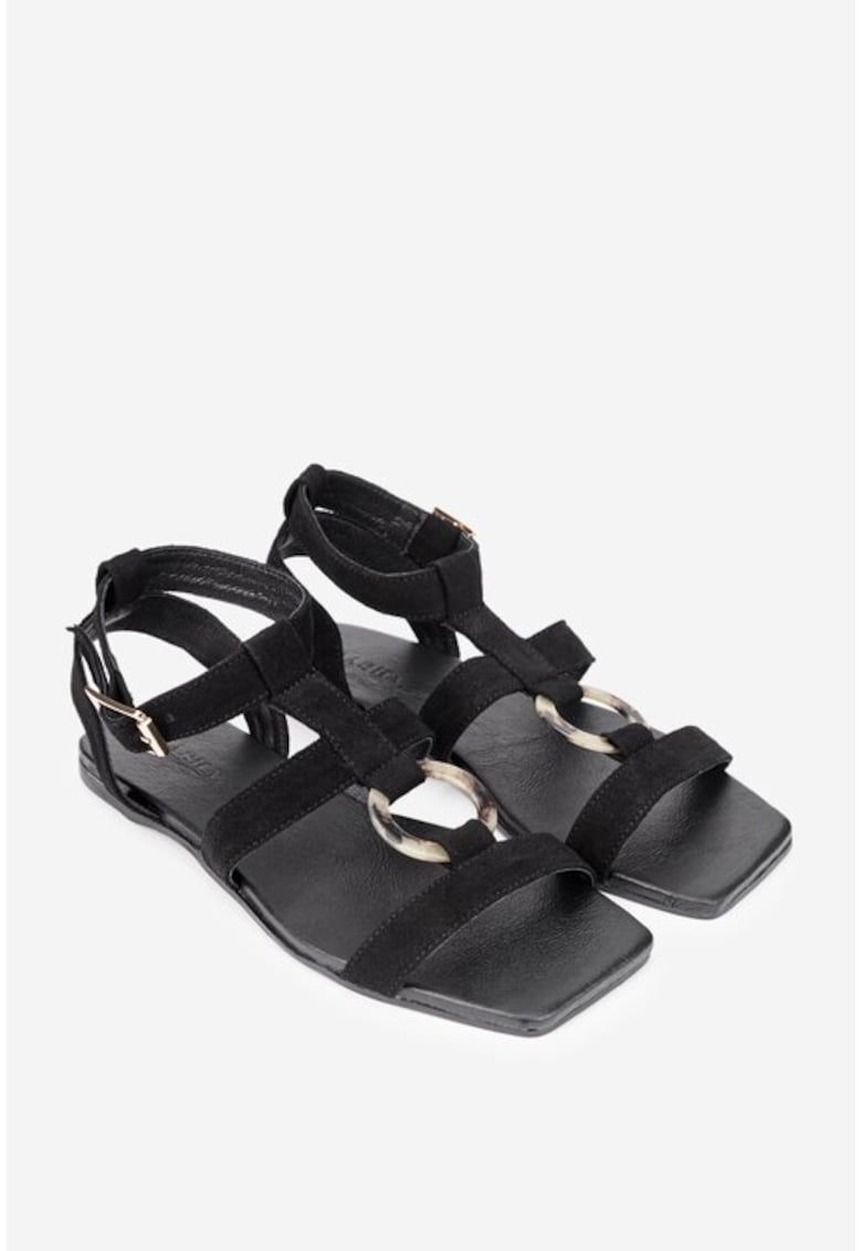 Sandale dama negre din piele intoarsa cu ornament
