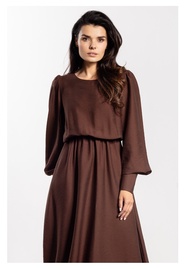 Rochie midi - rayon natural - maneci lungi cu mansete - talie elastica - decolteu barca - confortabila - ideala pentru toamna-iarna