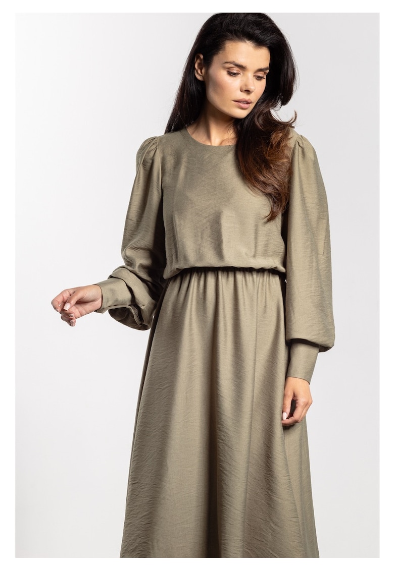 Rochie midi - rayon natural - maneci lungi cu mansete - talie elastica - decolteu barca - confortabila - ideala pentru toamna-iarna - Greenery