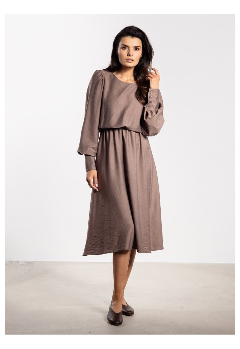 Rochie midi - Maro taupe - rayon natural - maneci lungi cu mansete - talie elastica - decolteu barca - confortabila - ideala pentru toamna-iarna - Maro taupe