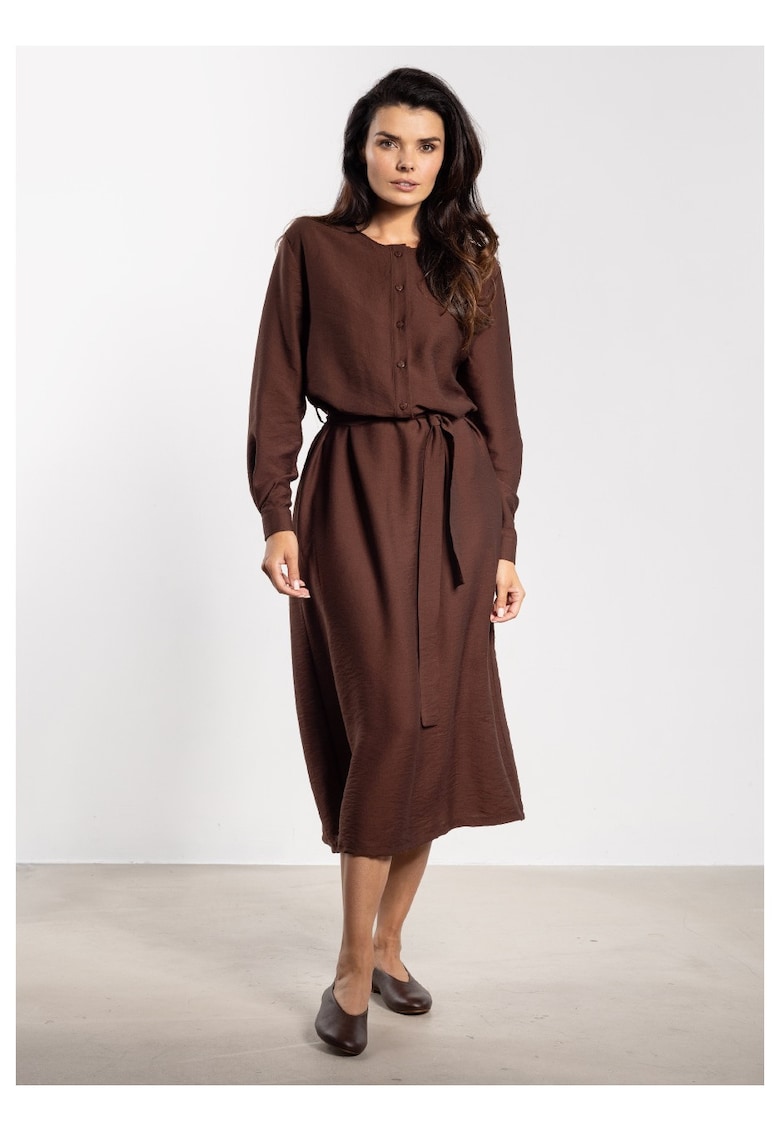 Rochie midi - Maro - croi in A - curea detasabila - butoni eleganti - rayon natural - maneci cu mansete - liberatate de miscare - stil chic - Bronz