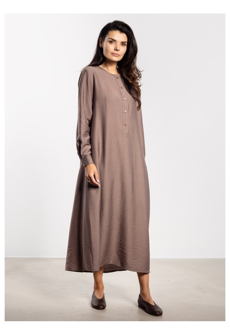 Rochie midi - croi in A - curea detasabila - butoni eleganti - rayon natural - maneci cu mansete - liberatate de miscare - stil chic - Maro taupe