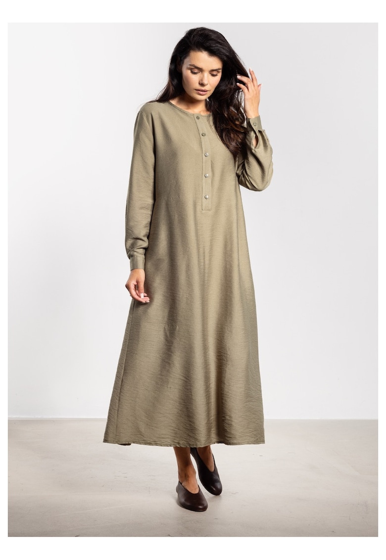 Rochie midi - croi in A - curea detasabila - butoni eleganti - rayon natural - maneci cu mansete - liberatate de miscare - stil chic - Greenery