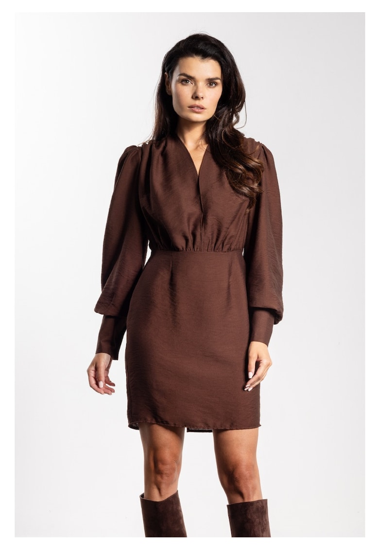 Rochie mini - Maro - rayon natural - talie mulata - decolteu in V - maneci bufante cu mansete - evidentiaza picioarele - stil senzual - Bronz