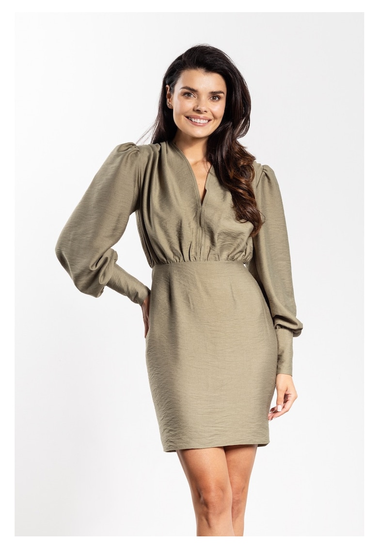 Rochie mini - Verde - rayon natural - talie mulata - decolteu in V - maneci bufante cu mansete - evidentiaza picioarele - stil senzual - Greenery