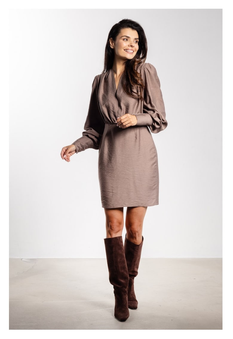 Rochie mini - Maro taupe - rayon natural - talie mulata - decolteu in V - maneci bufante cu mansete - evidentiaza picioarele - stil senzual - Maro taupe