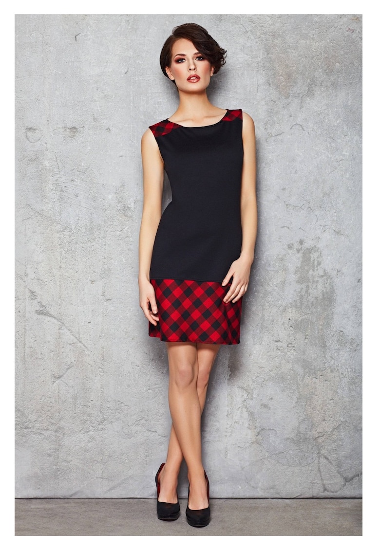 Rochie creion - Rosu - model in carouri - bretele - lungime midi - subliniaza formele - material confortabil - stil clasic rafinat