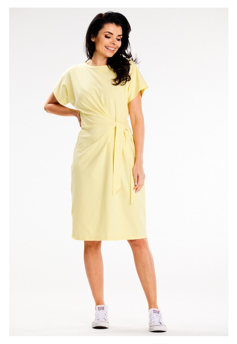 Rochie midi - XL - Galben - maneci scurte - legatura asimetrica frontala - bumbac placut la atingere - subliniaza talia - feminitate si confort