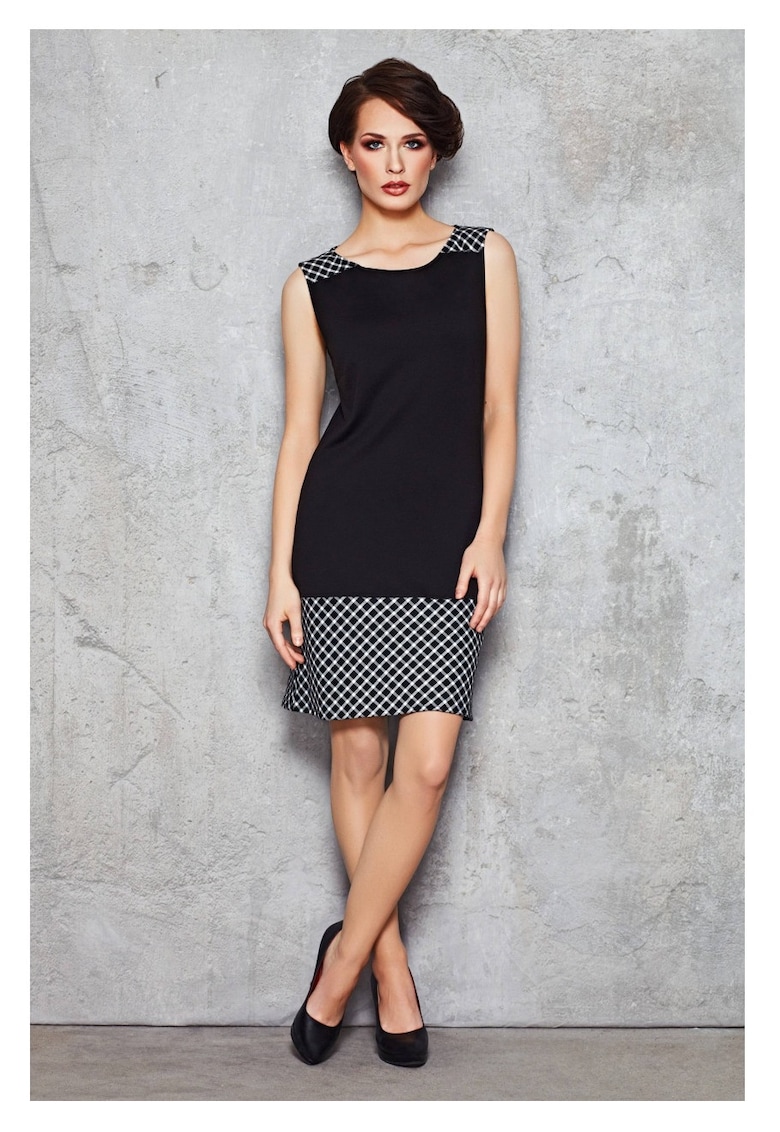 Rochie De Dama - Model Creion - Negru - Carouri Mici - Rochie Midi Cu Bretele - Rochii Elegante Office Pentru Femei - Tinuta Luxoasa - Croiala Mulata - Fabricata In Polonia - Fashion Si Stil Modern Premium - 65875 - Gri
