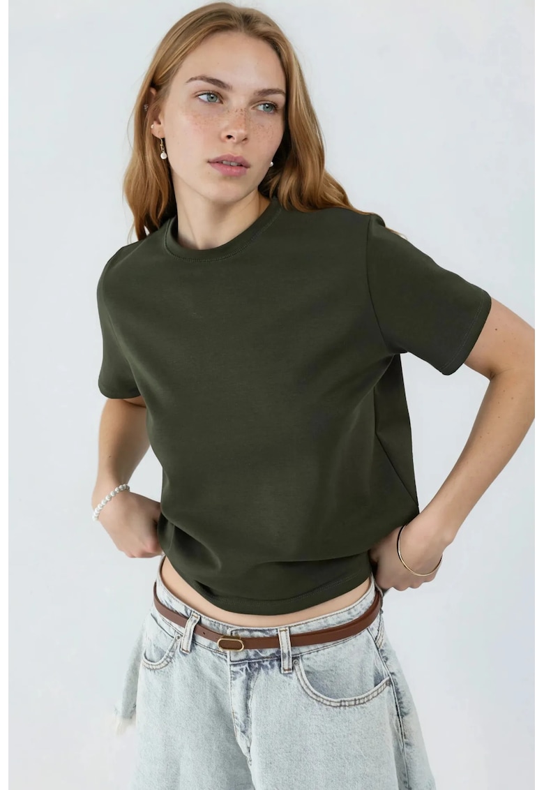 Tricou dama - simplu - kaki - bumbac si elastan
