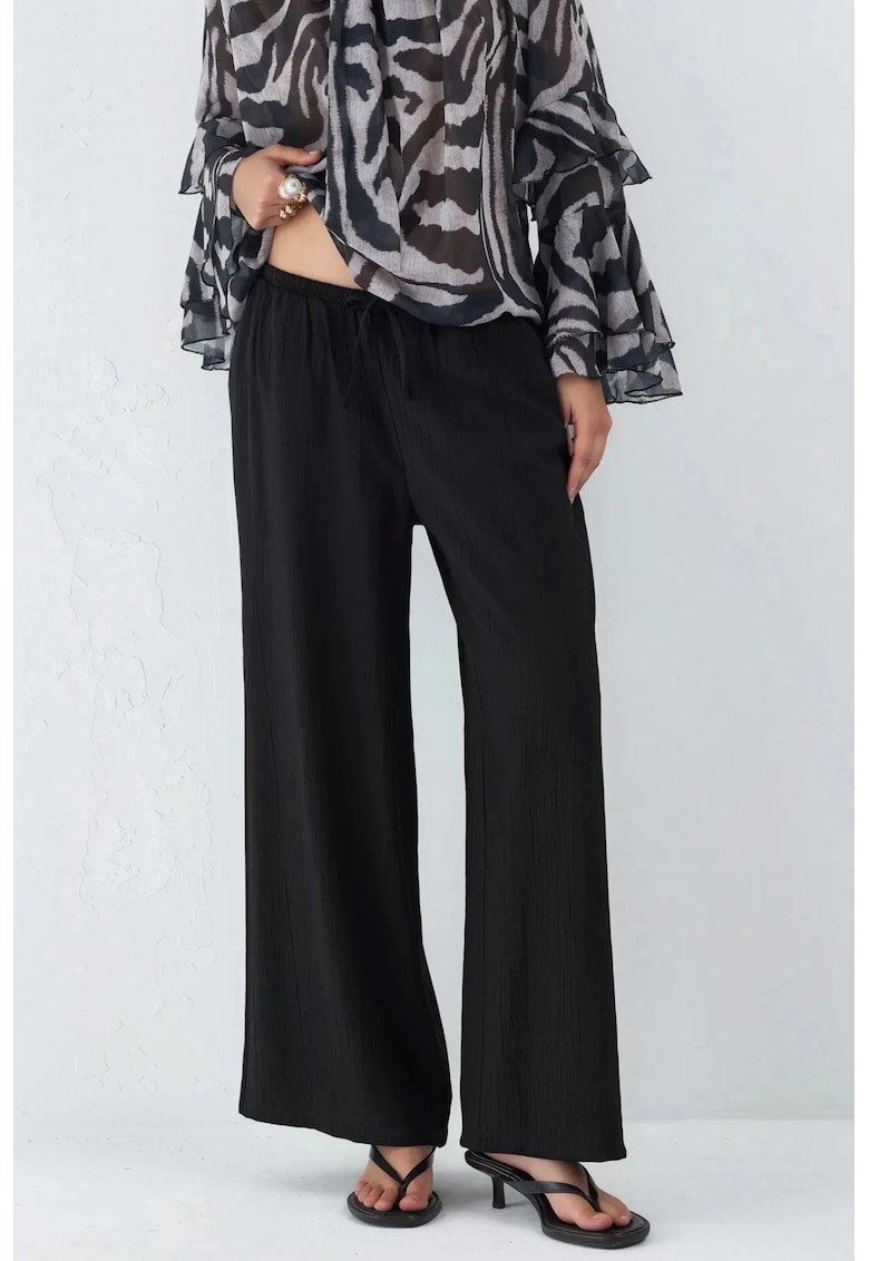 Pantaloni dama largi - talie elastica - negru - poliester