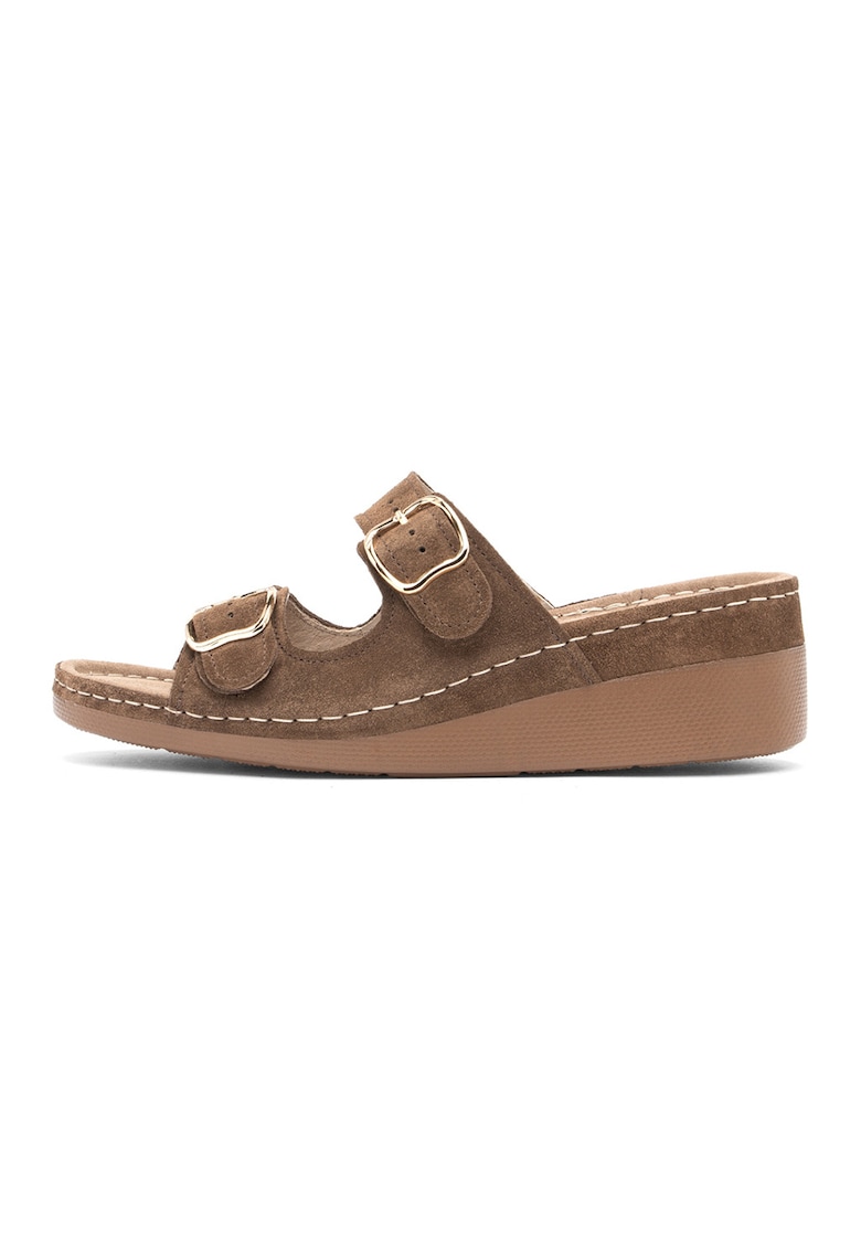 Papuci din piele intoarsa cu talpa wedge Donna - Maro deschis