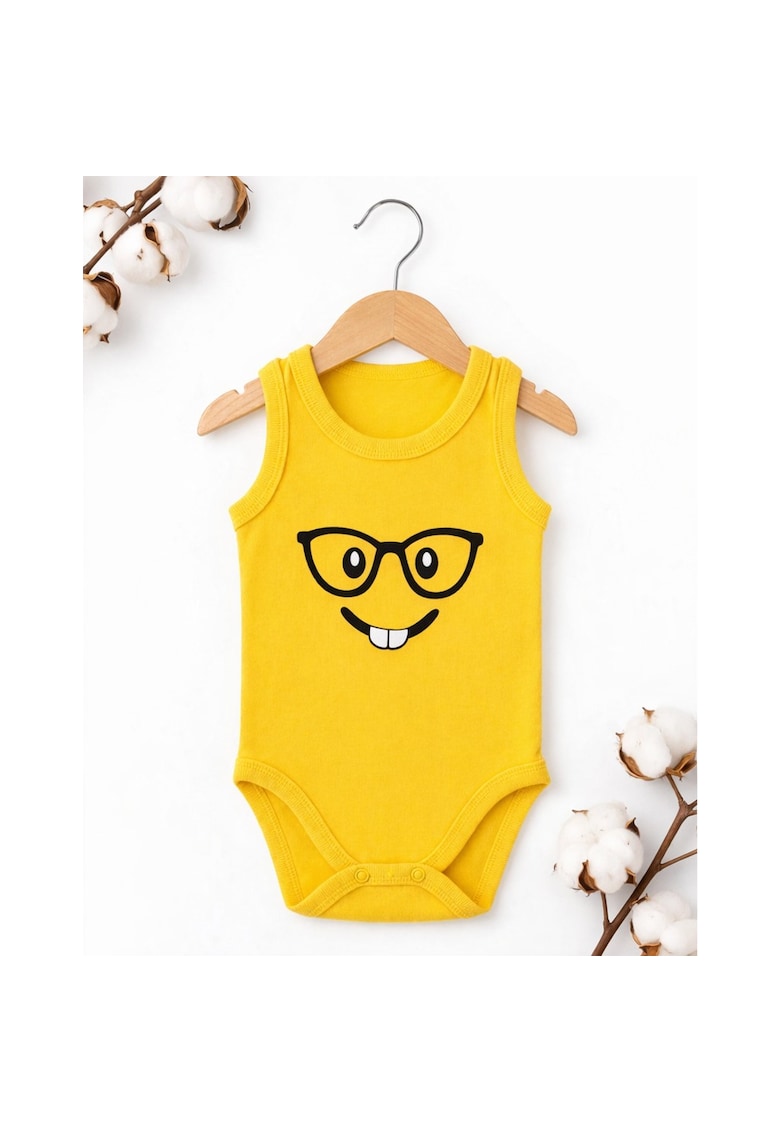 Body bebe galben bumbac fara maneci imprimeu emoji ochelari