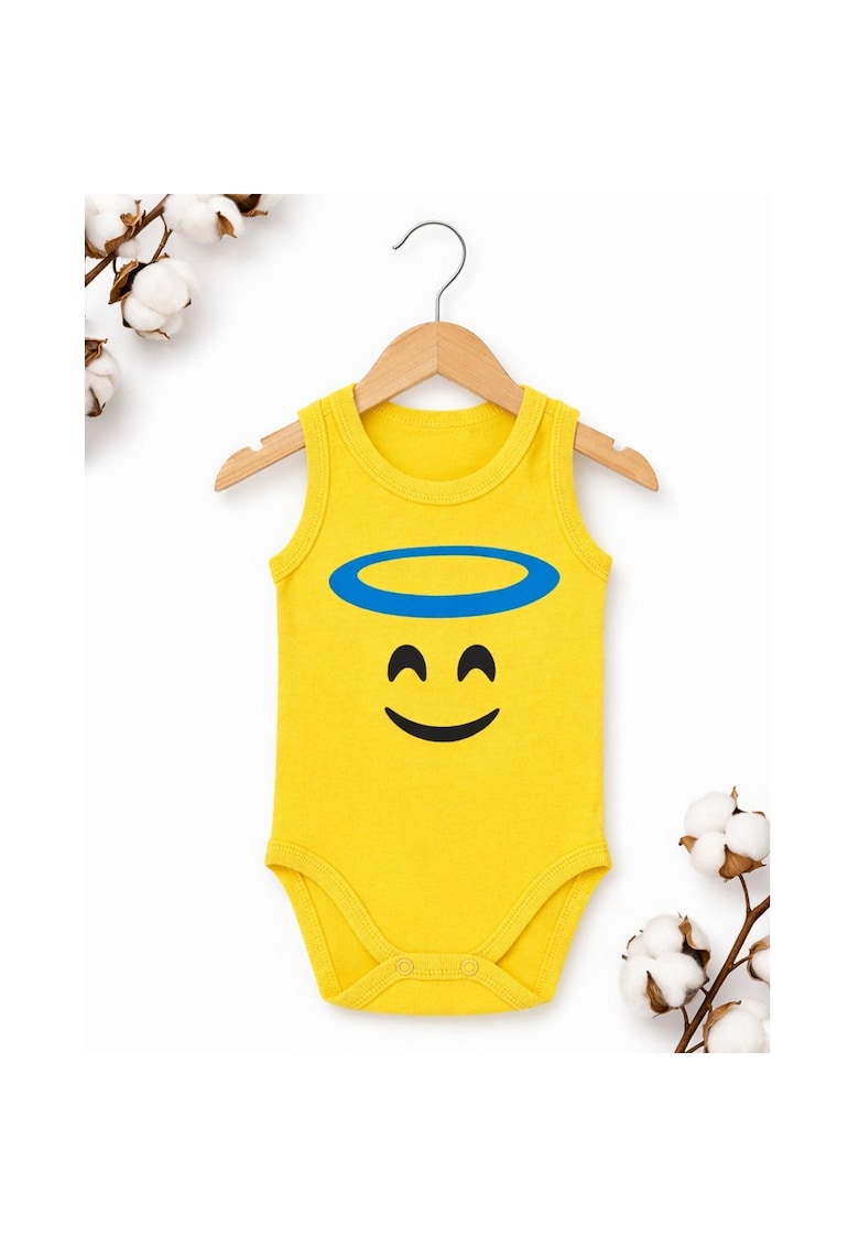 Body bebe galben bumbac fara maneci imprimeu emoji inger halo