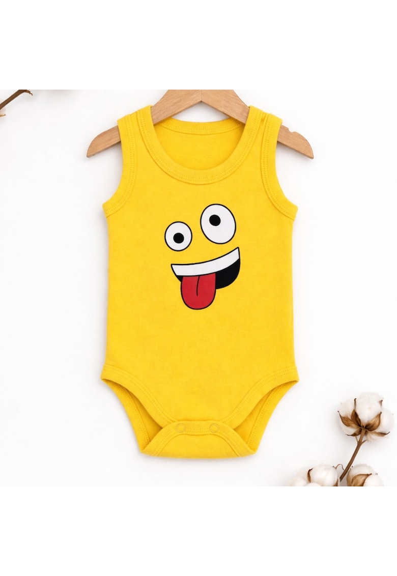 Body bebe galben bumbac fara maneci imprimeu emoji haios