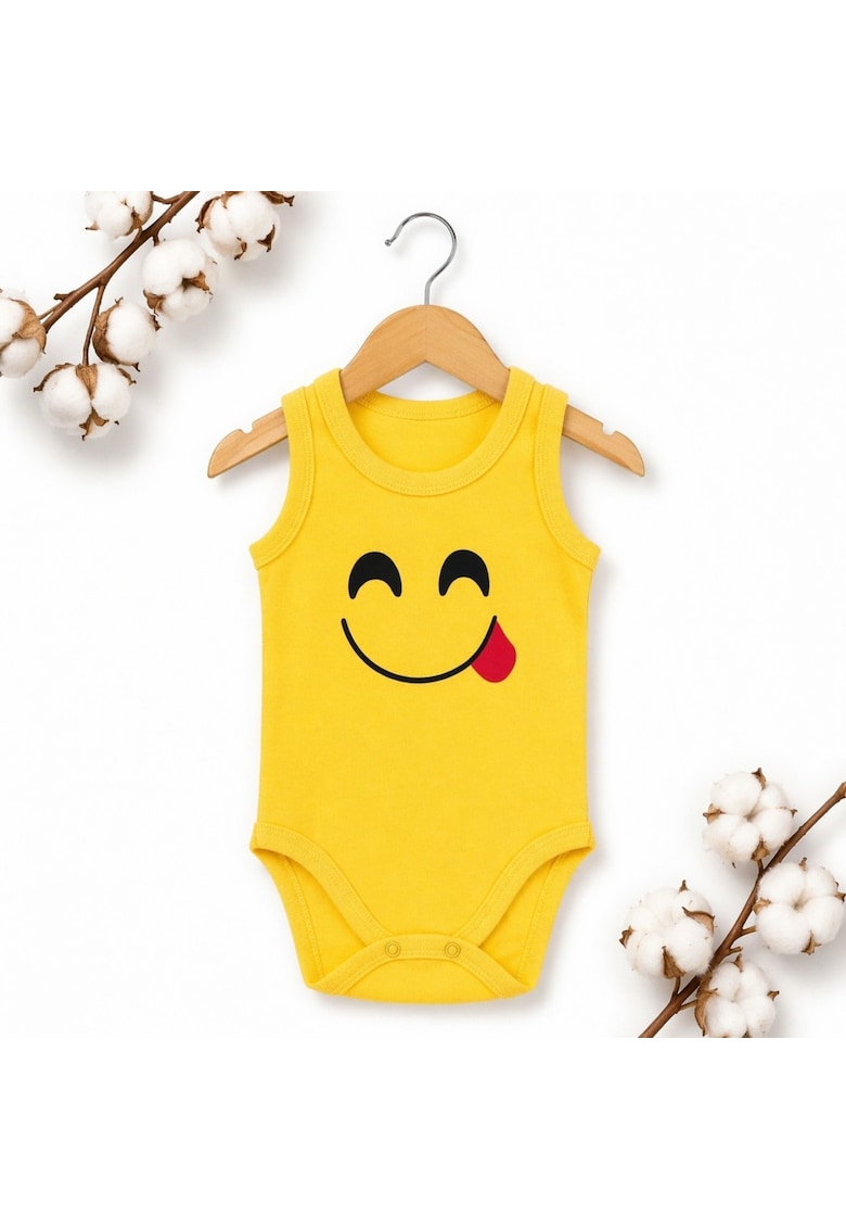Body bebe galben bumbac fara maneci imprimeu emoji zambet