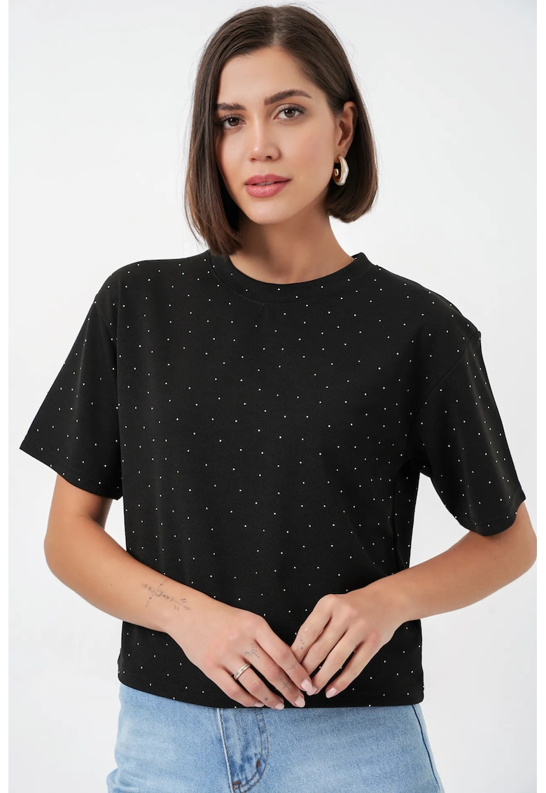 Tricou dama negru - detalii din piatra - maneca scurta - 97% poliester
